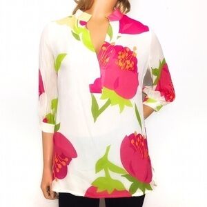 Lily Pulitzer 100% silk 3/4 sleeve tunic floral print with gold metallic thread